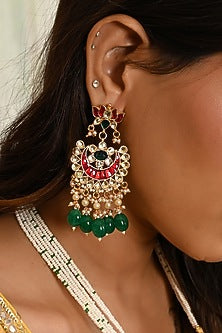 Micro Gold Finish Kundan Polki & Green Drop Long Necklace Set
