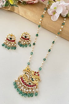 Micro Gold Finish Kundan Polki & Mint Green Drop Long Necklace Set