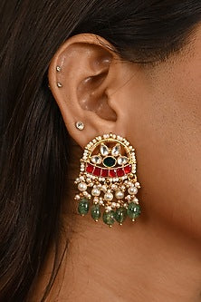 Micro Gold Finish Kundan Polki & Mint Green Drop Long Necklace Set