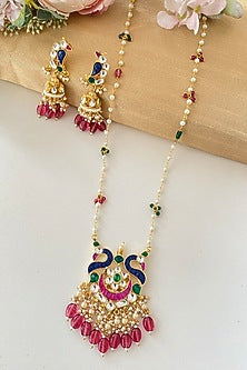 Micro Gold Finish Kundan Polki & Pink Drop Long Necklace Set
