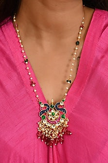 Micro Gold Finish Kundan Polki & Pink Drop Long Necklace Set