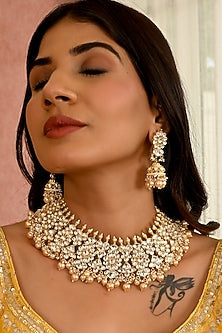 Micro Gold Finish Kundan Polki & Pearl Drop Necklace Set