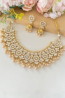 Micro Gold Finish Kundan Polki & Pearl Drop Necklace Set