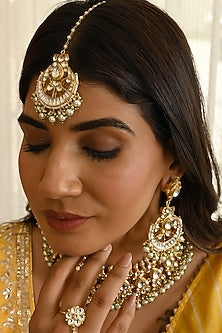 Micro Gold Finish Kundan Polki & Green Pearl Necklace Set