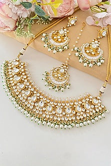 Micro Gold Finish Kundan Polki & Green Pearl Necklace Set