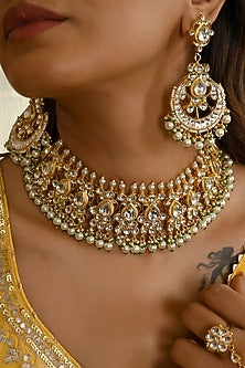Micro Gold Finish Kundan Polki & Green Pearl Necklace Set