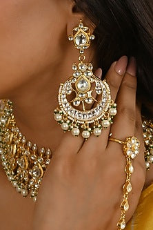 Micro Gold Finish Kundan Polki & Green Pearl Necklace Set