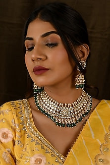 Micro Gold Finish Kundan Polki & Green Beaded Necklace Set