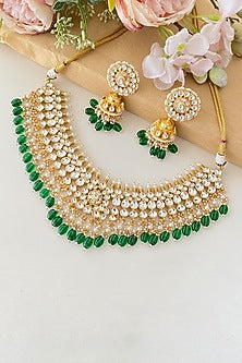 Micro Gold Finish Kundan Polki & Green Beaded Necklace Set