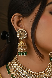 Micro Gold Finish Kundan Polki & Green Beaded Necklace Set