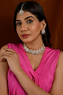 Micro Gold Finish Kundan Polki & Green Pearl Necklace Set