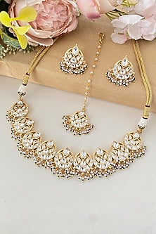Micro Gold Finish Kundan Polki & Green Pearl Necklace Set