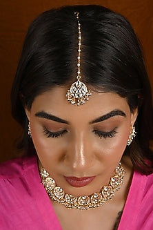 Micro Gold Finish Kundan Polki & Green Pearl Necklace Set