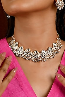 Micro Gold Finish Kundan Polki & Green Pearl Necklace Set