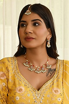Micro Gold Finish Pink Kundan Polki & White Beaded Necklace Set
