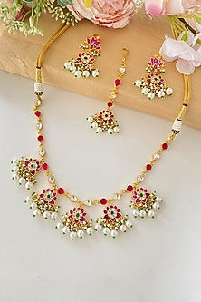 Micro Gold Finish Pink Kundan Polki & White Beaded Necklace Set