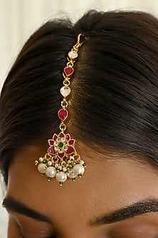 Micro Gold Finish Pink Kundan Polki & White Beaded Necklace Set
