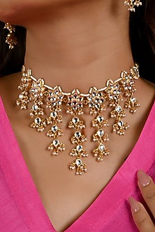 Micro Gold Finish Kundan Polki & Pearl Drop Necklace Set