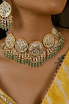 Micro Gold Finish Kundan Polki & Mint Drop Necklace Set