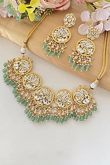 Micro Gold Finish Kundan Polki & Mint Drop Necklace Set