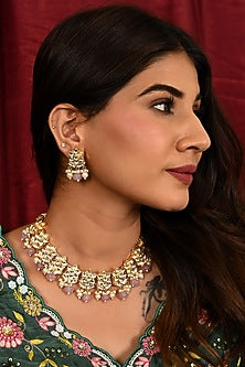 Micro Gold Finish Kundan Polki & Purple Drop Necklace Set