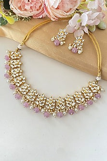 Micro Gold Finish Kundan Polki & Purple Drop Necklace Set