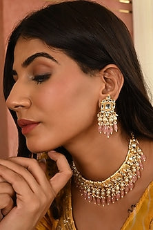 Micro Gold Finish Kundan Polki & Pink Drop Necklace Set