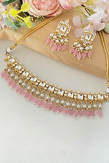 Micro Gold Finish Kundan Polki & Pink Drop Necklace Set