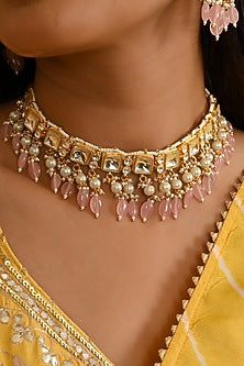 Micro Gold Finish Kundan Polki & Pink Drop Necklace Set