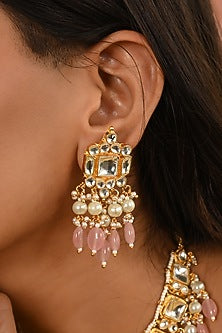 Micro Gold Finish Kundan Polki & Pink Drop Necklace Set