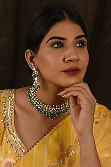 Micro Gold Finish Kundan Polki & Green Drop Necklace Set
