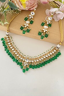 Micro Gold Finish Kundan Polki & Green Drop Necklace Set
