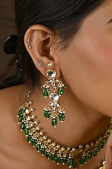 Micro Gold Finish Kundan Polki & Green Drop Necklace Set