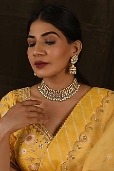 Micro Gold Finish Kundan Polki & Pearl Drop Choker Necklace Set