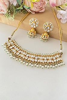 Micro Gold Finish Kundan Polki & Pearl Drop Choker Necklace Set
