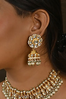Micro Gold Finish Kundan Polki & Pearl Drop Choker Necklace Set