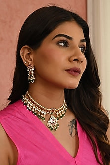 Micro Gold Finish Pink Kundan Polki & Green Drop Necklace Set
