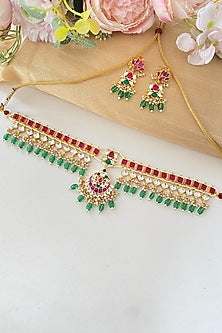 Micro Gold Finish Pink Kundan Polki & Green Drop Necklace Set