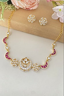 Micro Gold Finish Pink Kundan Polki Choker Necklace Set