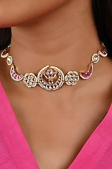 Micro Gold Finish Pink Kundan Polki Choker Necklace Set