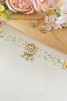 Micro Gold Finish Kundan Polki & Pearl Drop Choker Necklace Set
