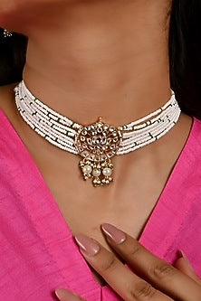 Micro Gold Finish Kundan Polki & Pearl Drop Choker Necklace Set