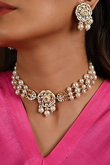 Micro Gold Finish Kundan Polki & Pearl Drop Choker Necklace Set