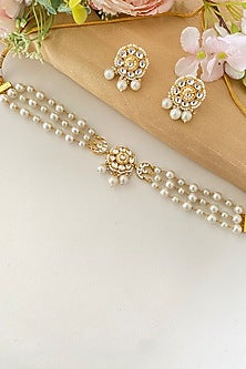Micro Gold Finish Kundan Polki & Pearl Drop Choker Necklace Set