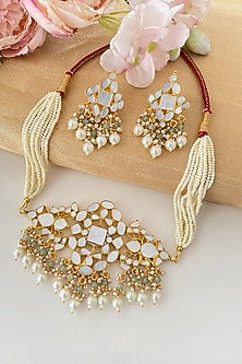 Micro Gold Finish Mother Of Pearl & Pearl Drop Choker Necklace Set