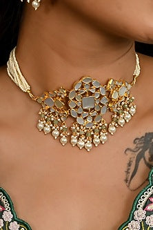 Micro Gold Finish Mother Of Pearl & Pearl Drop Choker Necklace Set