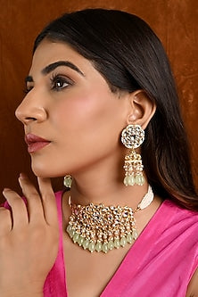 Micro Gold Finish Kundan Polki & Mint Drop Choker Necklace Set