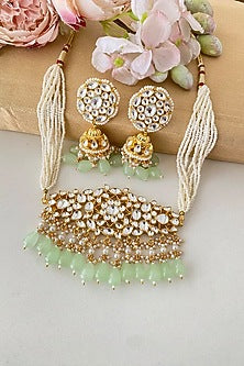 Micro Gold Finish Kundan Polki & Mint Drop Choker Necklace Set