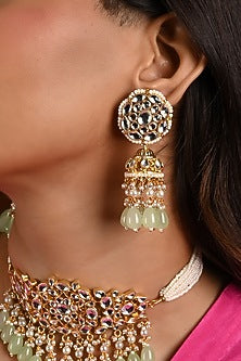 Micro Gold Finish Kundan Polki & Mint Drop Choker Necklace Set