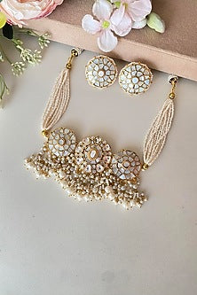 Micro Gold Finish Kundan Polki & Mother Of Pearl Choker Necklace Set